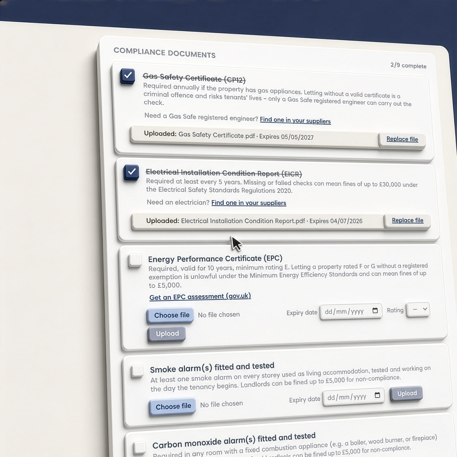 An illustration of the compliance checklist, with the gas safety certificate and EICR ticked off and their expiry dates showing