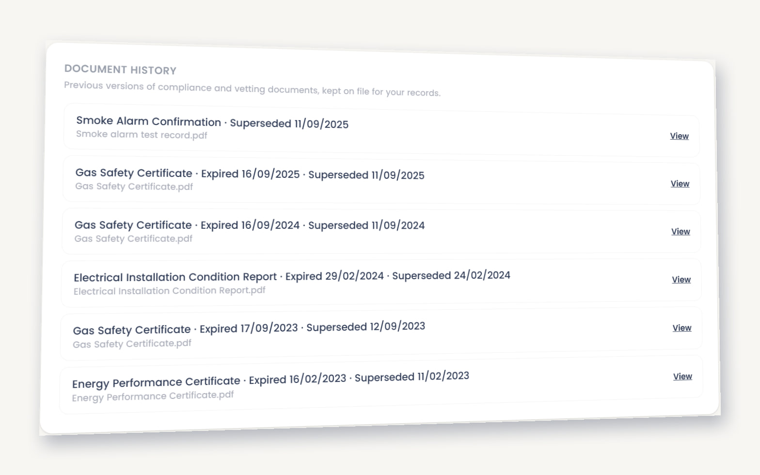 An illustration of the document history, showing superseded certificates kept on file with their dates