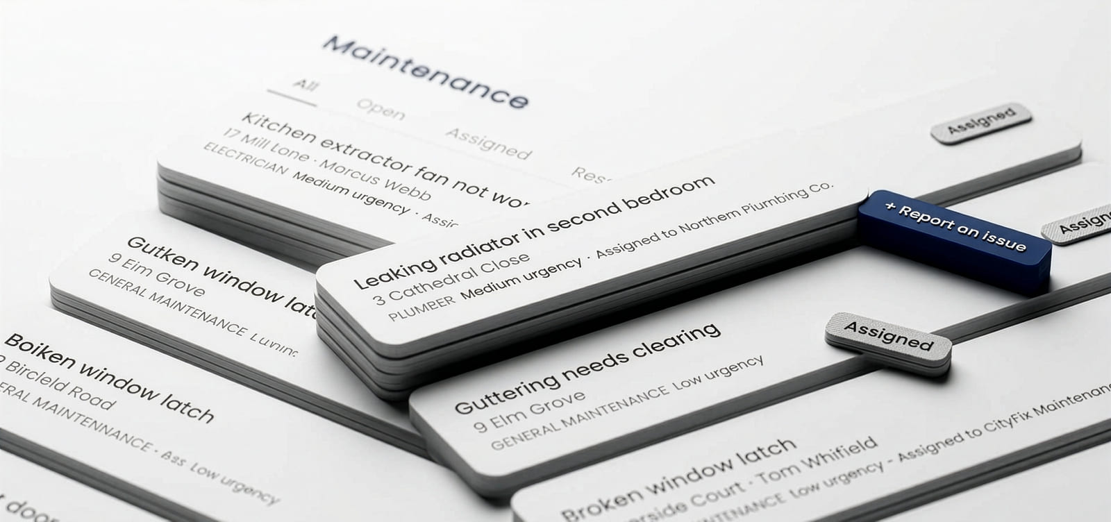 An illustration of the maintenance list, showing reported issues assigned to suppliers