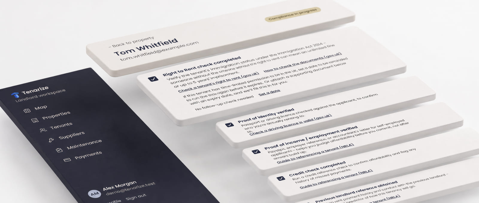An illustration of the tenant vetting checklist, with Right to Rent, identity and income checks completed