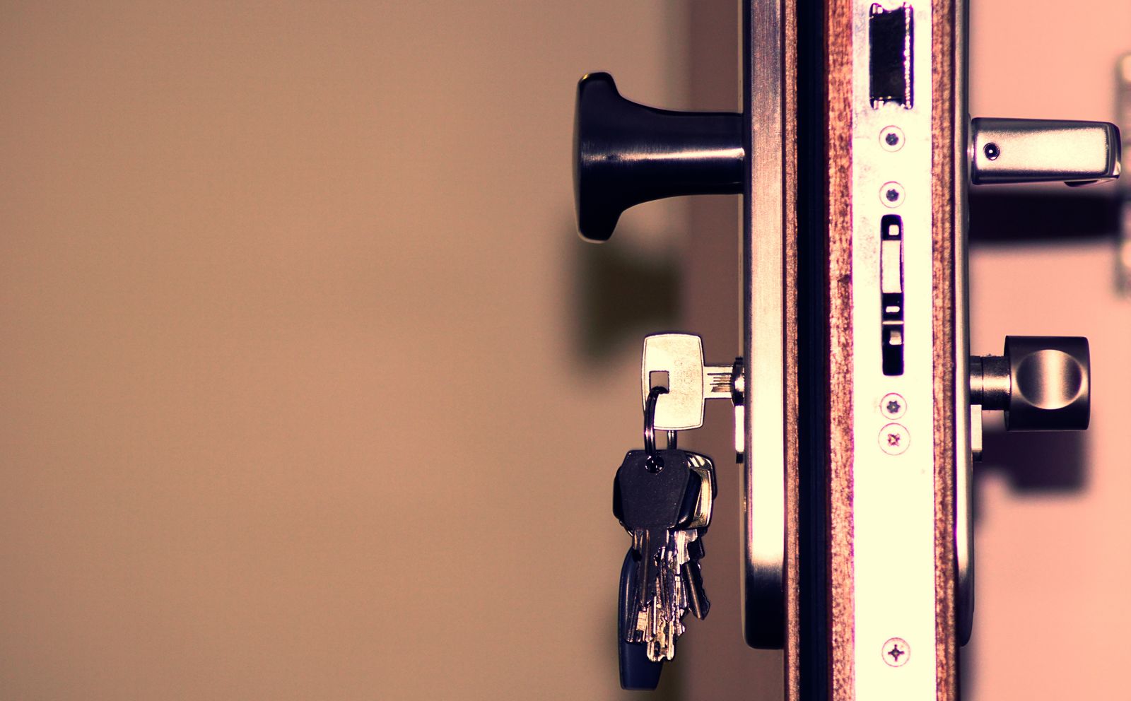 A hand turning a key in the lock of a front door